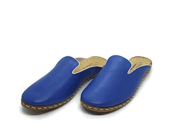 Mens Blue Color Leather Slippers, Flat Slippers, Winter Slip-Ons, Turkish Slippers, Gift for him