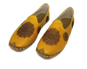 Men Shoes Handmade Yellow Patterned  Leather Turkish Yemeni Rubber Sole