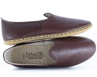 Herren Braun Farbe Leder Handgefertigter Slip On, Herren türkische jemeni Schuhe, Handgefertigte Flache Schuh, Loafer, Geschenk für Ihn