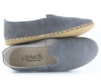 Herren Graue Farbe Leder Handgemachte Schuhe, Türkische Schuhe Männer, Handgemachter Flacher Schuh, Geschenk für ihn