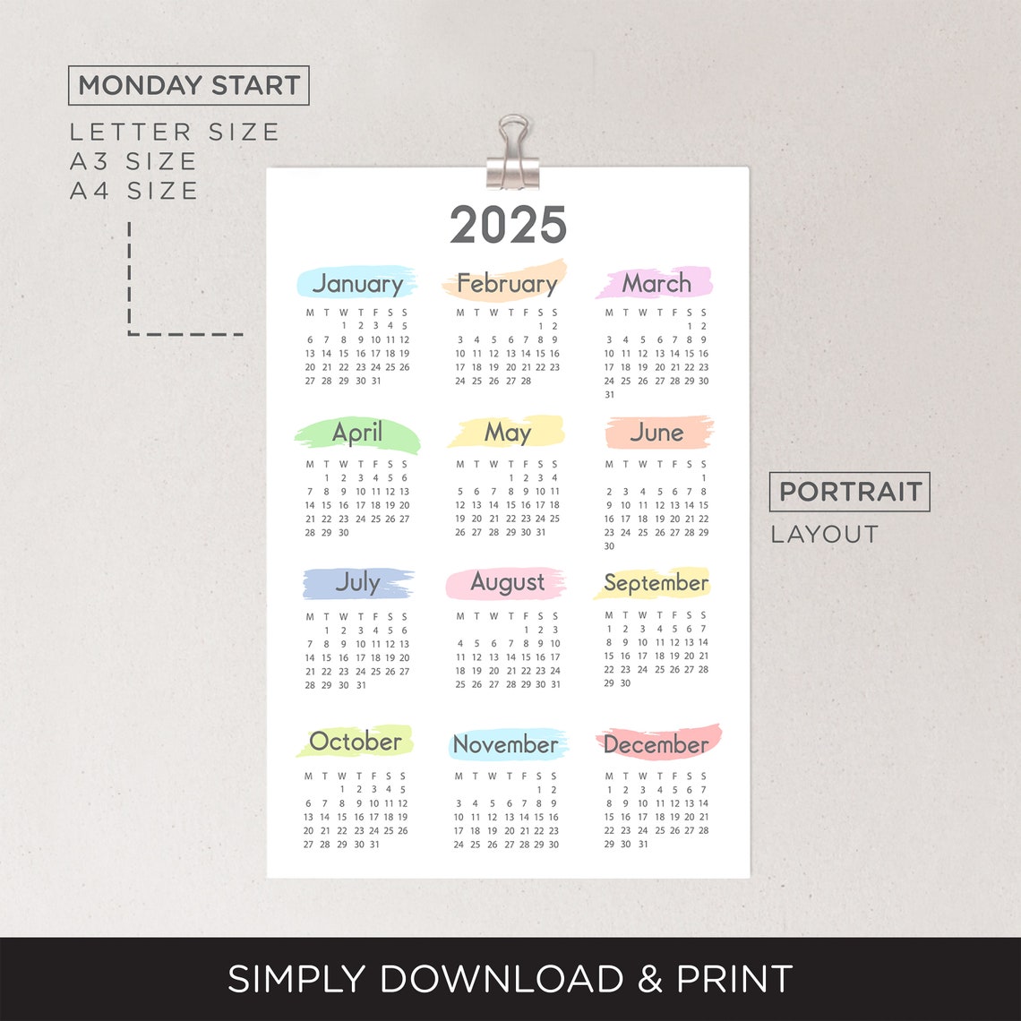 2025 Yearly Calendar Printable, Yearly Calendar Poster, 2025 Calendar, Yearly Wall Calendar