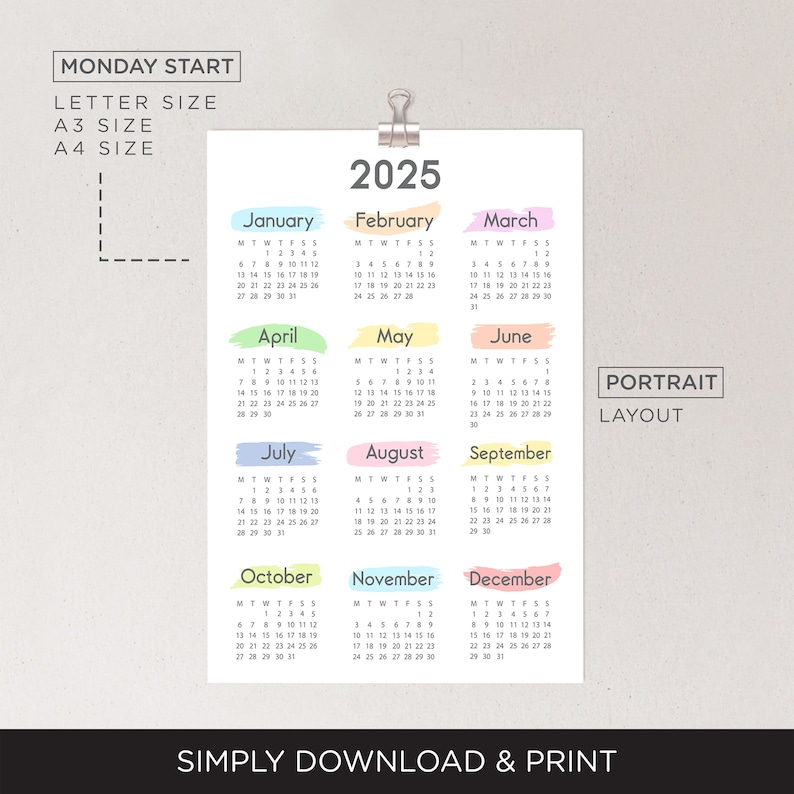 2025 Yearly Calendar Printable, Yearly Calendar Poster, 2025 Calendar