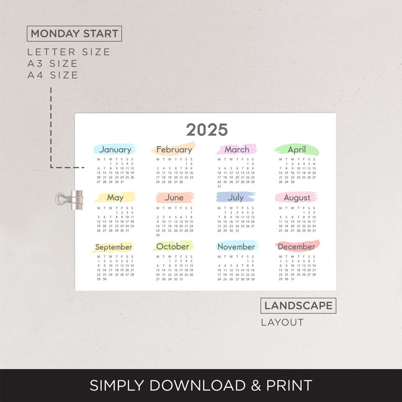 2025 Yearly Calendar Printable, Yearly Calendar Poster, 2025 Calendar