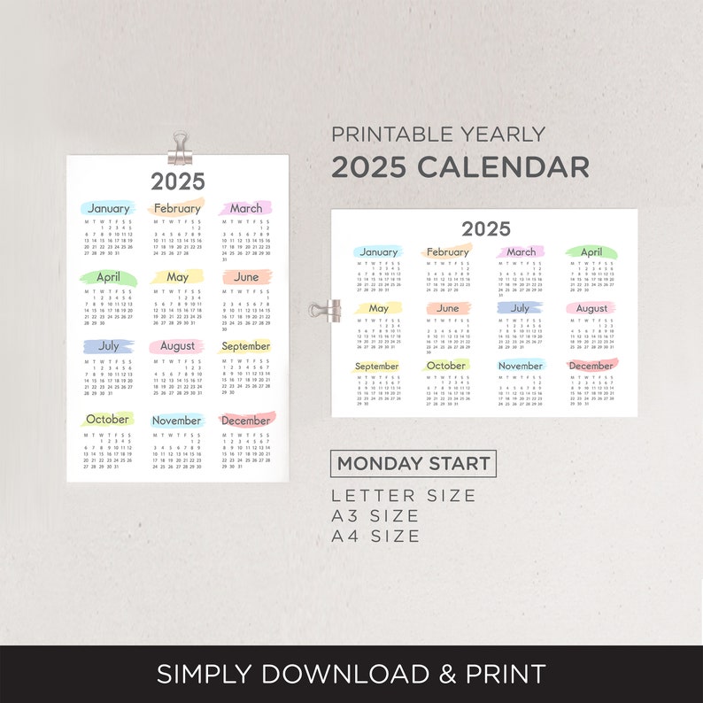 2025 Yearly Calendar Printable, Yearly Calendar Poster, 2025 Calendar, Yearly Wall Calendar