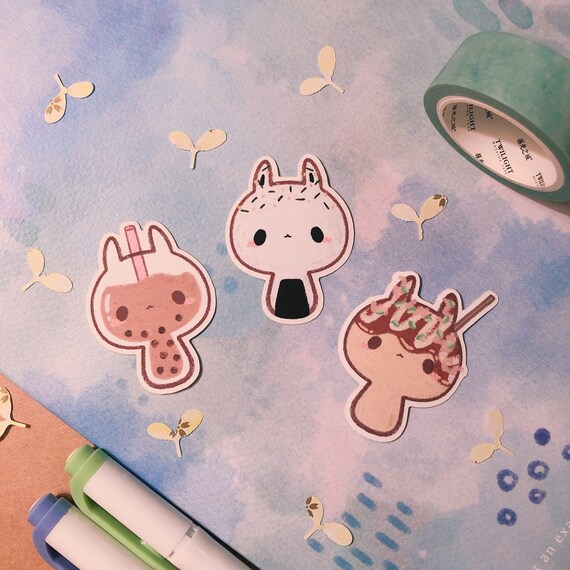 Bunny Shaped Food Matte Stickers (Bubble Tea, Onigiri, Takoyaki) - Die cut, Individual or Trio