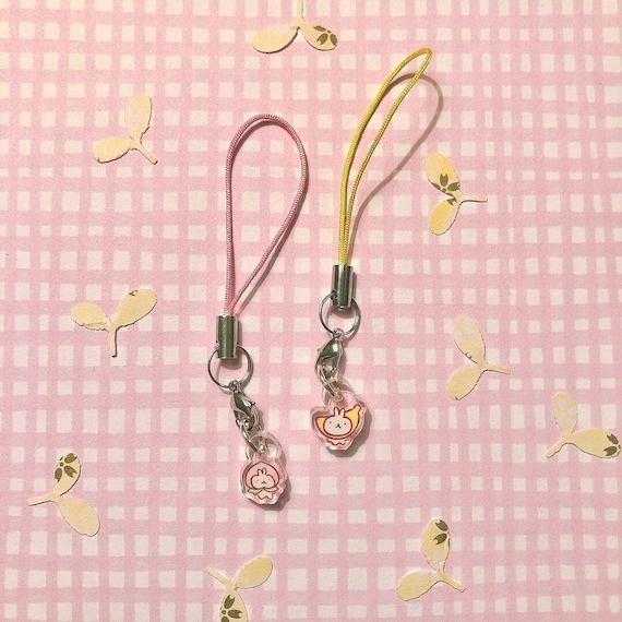 MINI 0.5” Derpy Funky Fruit Bunny Acrylic Charm/Keychain (Double-Sided) Peach or Banana - Random Phone Charm Strap/String Colour