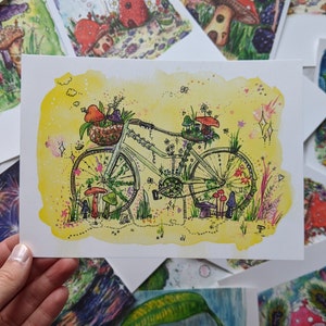 5x7inch Yellow Bicycle Art Print  |  Magical Toadstool Village |  Pretty Flowers Notecard