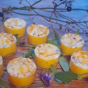 May include: A group of seven yellow tea light candles with a white wax top and dried flower petals on a wooden surface with green leaves and purple flowers.