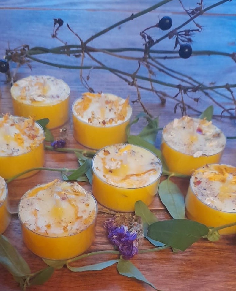 May include: A group of seven yellow tea light candles with a white wax top and dried flower petals on a wooden surface with green leaves and purple flowers.