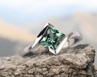 Green Sapphire Ring: Sterling Silver Princess Cut Engagement Ring