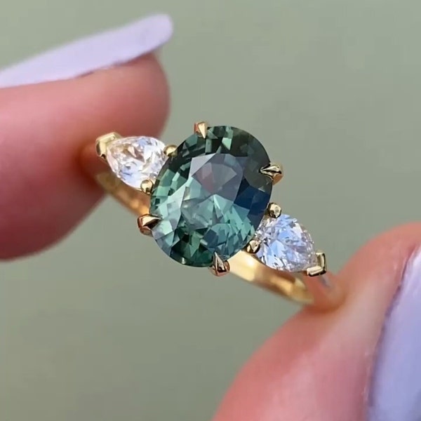 Green Teal Sapphire Ring Personalized Gift For Her Vintage Teal Sapphire Engagement Ring Dainty Teal Sapphire 14K Gold Ring For Her