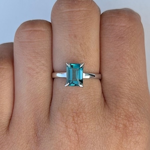Emerald Cut Teal Sapphire Ring: Lab Grown, 925 Sterling Silver