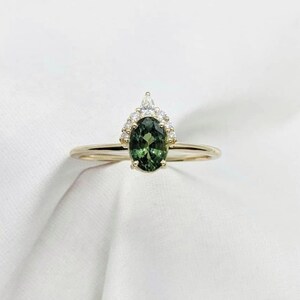Teal Green Sapphire Ring: Victorian Style, Sterling Silver Engagement Ring
