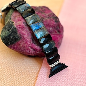 Apple Watch-band labradoriet en zwarte onyx gefacetteerde opvallende edelsteen handgemaakte horlogeband