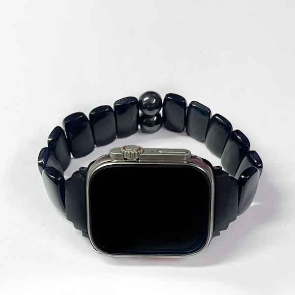 Apple Watching Strap Black Onyx & Pyrite Gemstone: Rectangular Handmade Watch Band