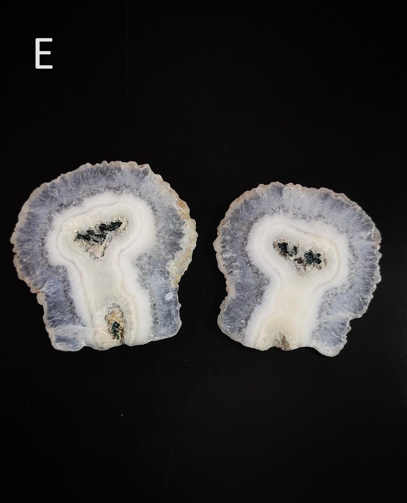 May include: Two agate slices with a white center and a purple outer edge. The agate slices have a unique, natural pattern.