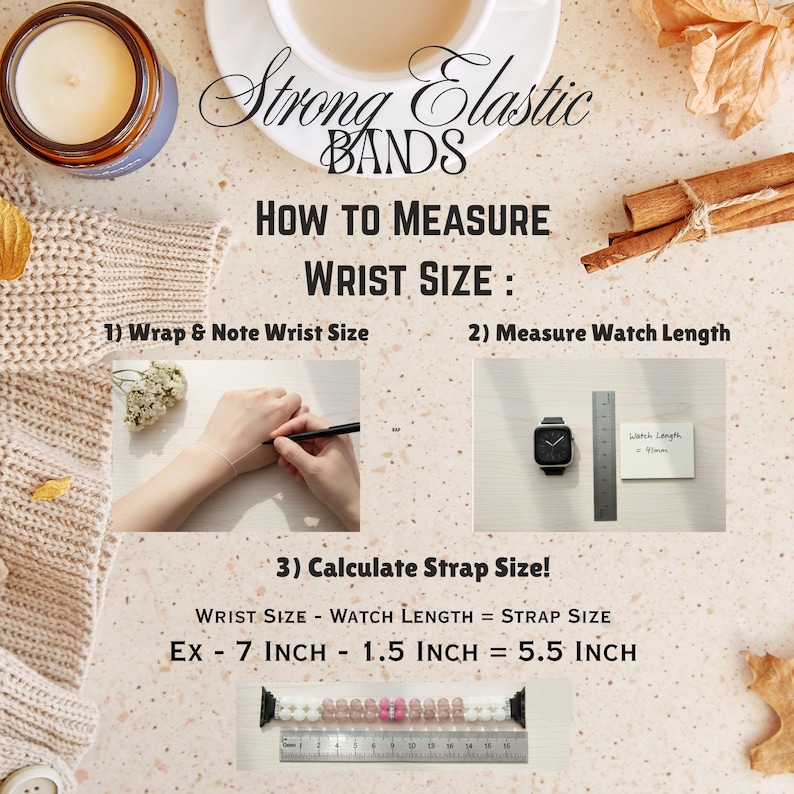 Op de afbeelding: Afbeelding met instructies voor het meten van de polsmaat voor horlogebandjes. Tekst luidt "Strong Elastic Bands" en "How to Measure Wrist Size". Bevat stappen voor het meten van de polsmaat, de horlogelengte en het berekenen van de bandmaat.