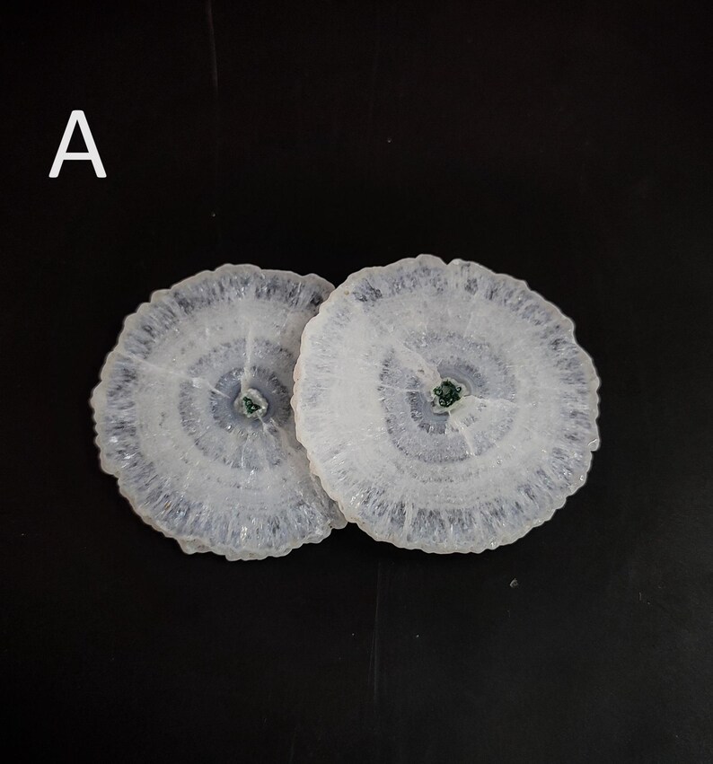 May include: Two white agate coasters with a blue and white pattern and a green center. The coasters are round and have a smooth surface.