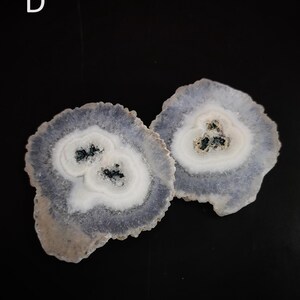 May include: Two agate slices with a white center and a light blue outer edge. The agate slices have a natural, irregular shape.