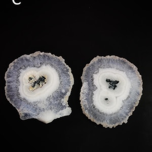 May include: Two agate slices with a white center and a purple outer edge. The agate slices have a natural, organic shape.