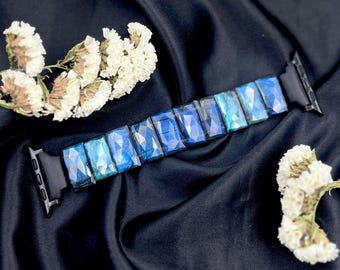 Apple Watching Strap Flashy Labradorite Gemstone: Faceted Rectangular Handmade Watch Band