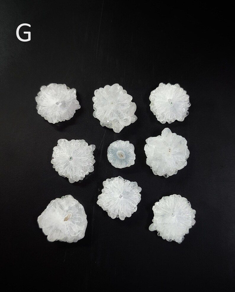 May include: Nine white crystal flower-shaped clusters with a small hole in the center. The clusters are arranged in a grid pattern on a black background.
