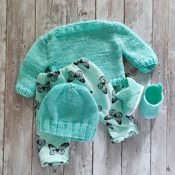 Cute handmade gift granddaughter, daughter, girl.Mint 4 Components knitted /sewn clothes  set for BAby dolls . Fits 43 cm /17 inch doll .