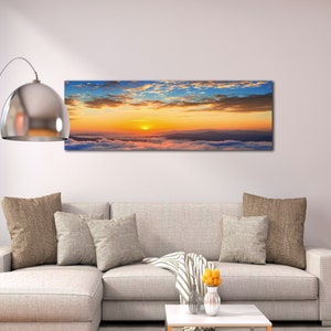Tempered Glass Wall Art, Golden hour ocean sunset art print on glass, sea waves, oil style printing, large panoramic wall art for home