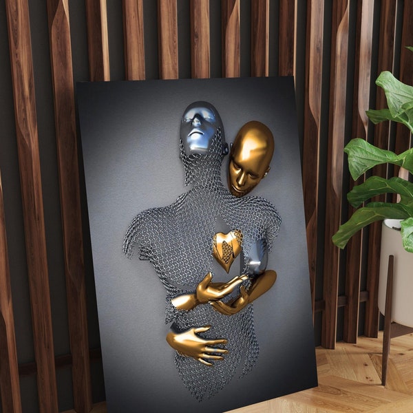 Escultura de parede em vidro temperado representando amantes modernos
