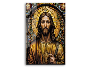 Jesus Stained Look Glass Tempered Wall Art, Religious Gift