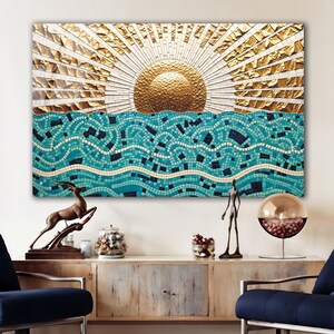 Ocean Sunset Glass Tile Wall Art – Stained Look Glass Coastal Seascape, Beach Wall Decor, Ocean Waves Home Decor Gift