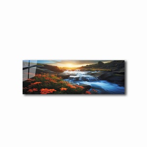 Tempered Glass Wall Art, Golden hour ocean sunset art print on glass, waterfall wall art, art printing, large panoramic wall art for home