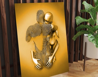 Modern Sculpture Tempered Glass Wall Art: Gold Embrace