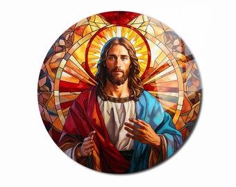 Jesus Stained Look Glass Art, Tempered Glass Printing, Religious Wall Decor