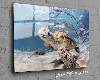 Tempered Glass Wall Art-Home Decor Turtle Wall Decor-Glass Printing-Large Wall Art-Wall Hangings-Under Sea Turtle Wall Art Gifts for Her
