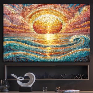 Ocean waves at sunrise Faux Stained Glass Wall Art on Glossy Tile Artful Display Piece and Gift, Tempered Glass Wall Art, Ocean Scene Wall