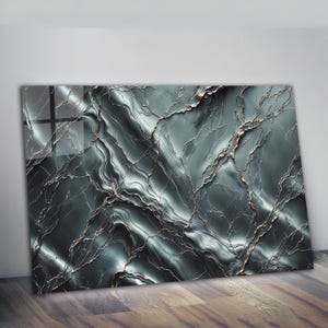 Silver Abstract Marble Tempered Glass Wall Art, Silver Grey Marble Glass Wall Decor, Abstract Marble Glass Wall Hanging, Ready to Hang