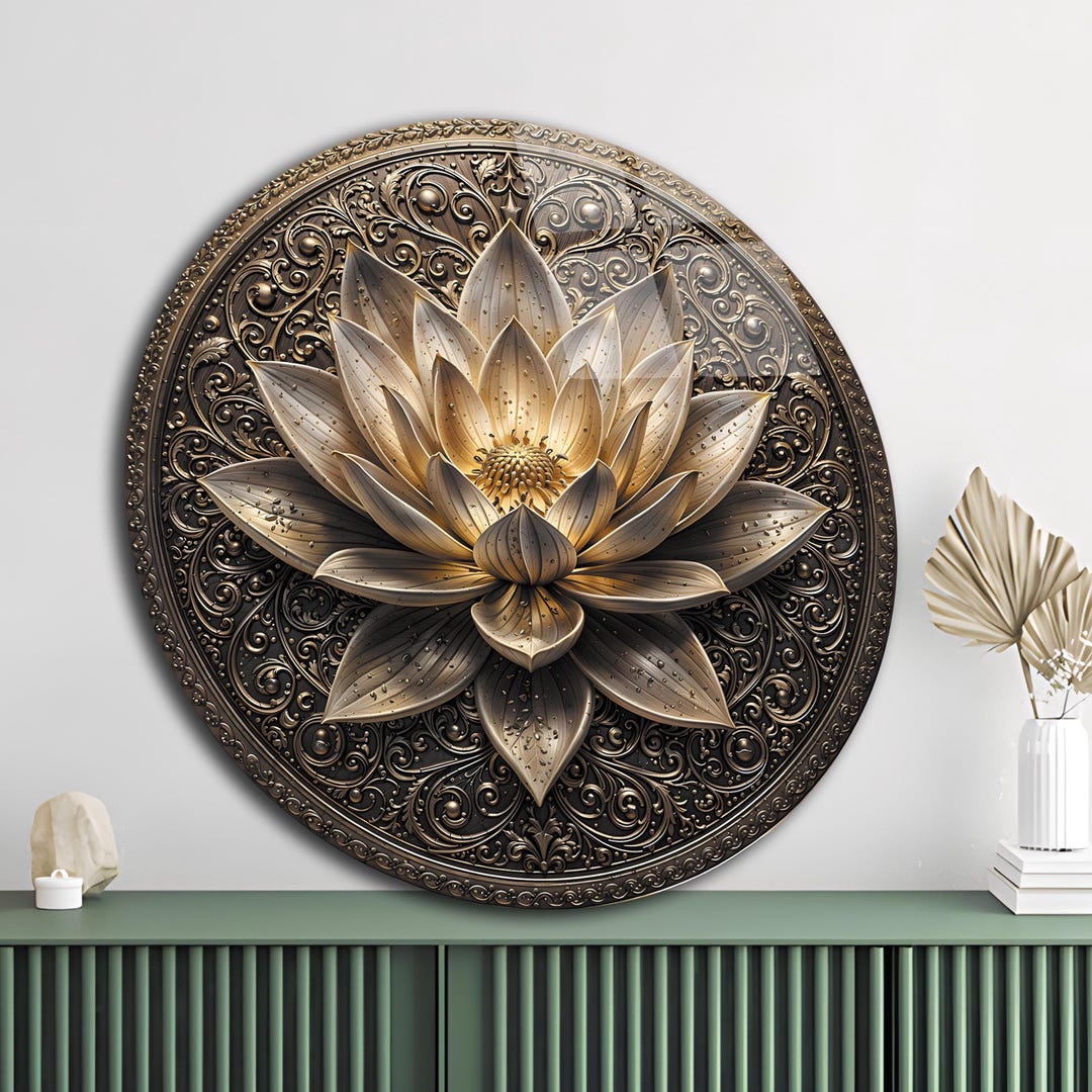 Tempered Glass Lotus Wall Art | Round Spiritual Flower Decor - Etsy