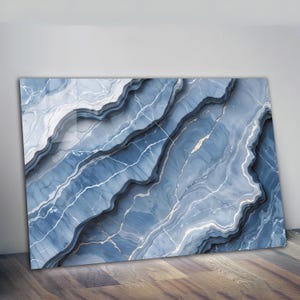 Blue White Abstract Marble Tempered Glass Wall Art, Blue White Marble Glass Wall Decor, Abstract Marble Glass Wall Hanging, Ready to Hang