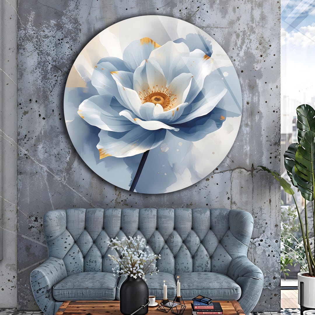 Blue Lotus Tempered Glass Wall Art | Round Floral Decor - Etsy