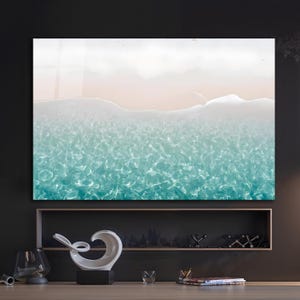 Art mural en verre vagues de l&#39;océan, scène avec vue sur la mer, art bleu de l&#39;océan, vagues abstraites de la mer, art mural océan, art du verre tropical, art mural 3D, vagues de la mer
