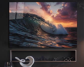 Sunset Wave Tempered Glass Wall Art, Abstract Ocean Art