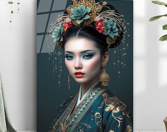 Geisha Glass Wall Art, Oriental Beauty, Japanese Decor
