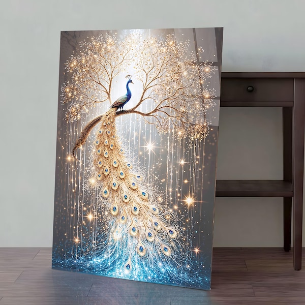 Tempered Glass Peacock Wall Art, Blue & Gold Animal Decor