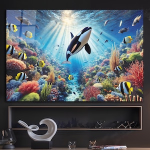 Arte de parede de baleia orca, vidro temperado com tema náutico, arte de parede extragrande, cor azul dourada, decoração de parede de casa, decoração de sala de estar, arte de vida marinha