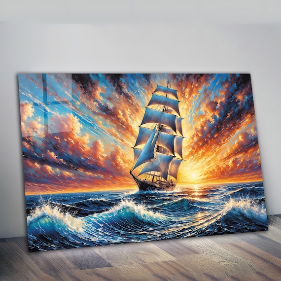 船の強化ガラス ウォールアート | 波打つ海のガラスアート | 夕日の