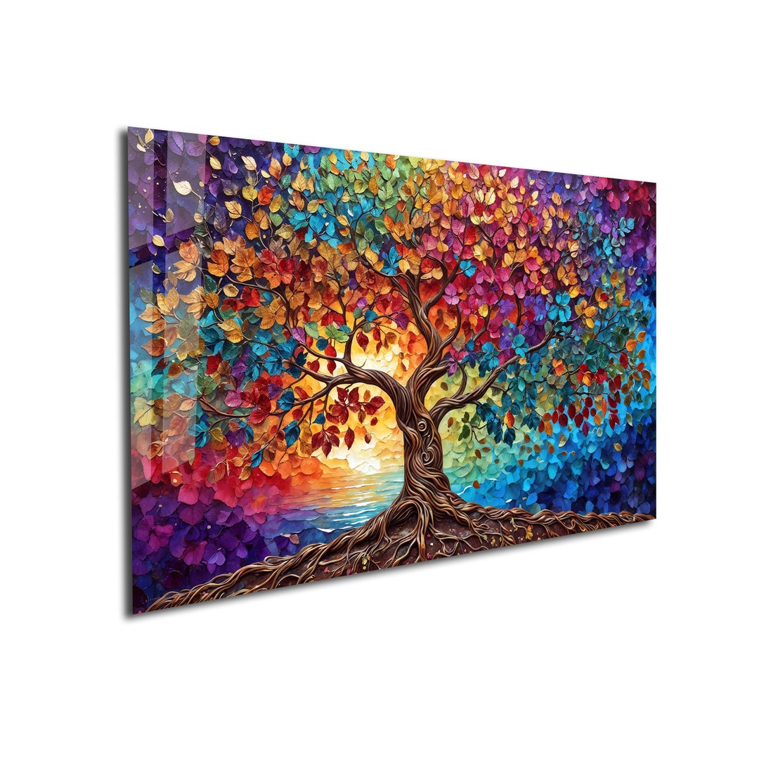 Déco Murale Moderne En Verre Trempé - Illustration Arbres Et Soleil, Taille Sur Mesure