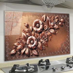 Copper Look Floral Tempered Glass Backsplash Tiles - Flower Kitchen Backsplash for Stove & Sink - Decorative Splashback, Gift for Kitchen