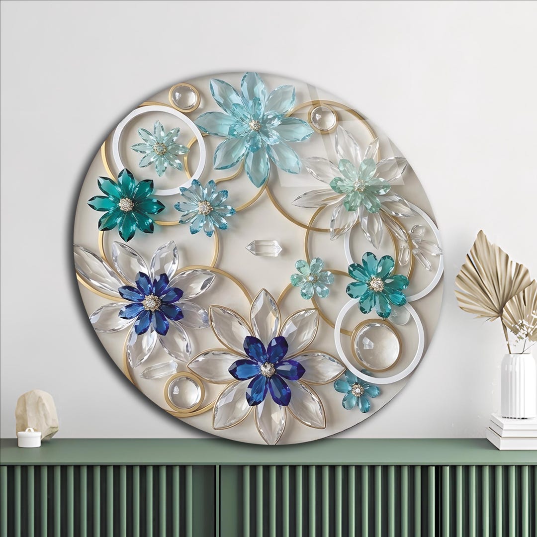 Tempered Glass Floral Wall Art – Round Blue Flower Decor, Modern Living ...