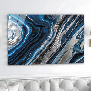 Blue Silver Abstract Marble Tempered Glass Wall Art, Blue Silver Marble Glass Wall Decor, Abstract Marble Glass Wall Hanging, Ready to Hang